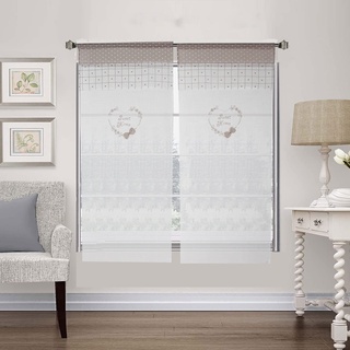FYJS 1 Paar Vorhänge für Fenster im Shabby-Chic-Stil, Bestickt, Sweet Home, Vorhang 60 x 240 cm, 3D-Schleife, beige weiß
