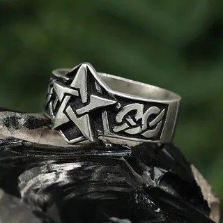 Drachensilber Pentagramm Ring Schmuck Bandring Silbering Damen Herren 925 Silber 66 - Silber