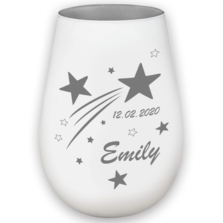 Sternenkind Trauerlicht Sternschnuppe - weiß/Silber - Gedenklicht Teelichtglas personalisierbar Erinnerung Trauergeschenk mit Name und Datum