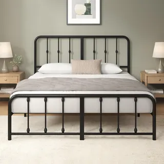 Zinus Florence Bettgestell 140x200 cm mit Vintage Kopfteil - Metallbett mit Metall-Lattenrost - 35 cm Hohe Plattform mit Freiraum Darunter - Kein Boxspringbett Erforderlich - Schwarz