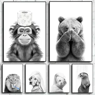 BeiYiHo Bilder Lustige Tiere WC Toilette Badezimmer Deko Bild Witzige Toiletten Poster Schwarz Weiß Dekoration Gäste Bad Klo Wandbilder Leinwand