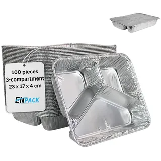 Enpack Aluschale R819-960G - 100 Stück Aluschalen Grill dreigeteilt mit Deckel - Wärmebehälter 960ml - Fettauffangschale, Food Container, kleine Auflaufform - feuerfeste Alu Grillschale