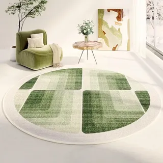 Teppich Rund 140 cm Durchmesser Grüne Geometrie Waschbarer Rutschfester Teppich,Kinderteppich für Wohnzimmer, Schlafzimmer, Arbeitszimmer, Büro