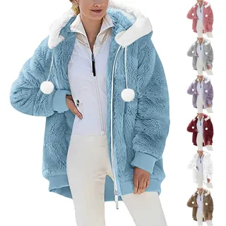 AACH Jacke Damen mit Kapuze Wintermantel Frauen Teddy Fleecejacke Flauschig Drawstring Teddyjacke Einfarbig Verdickt Winterjacke Modische Bequeme Kuschelpullover Doppeltasche Lose Outdoorjacke - L