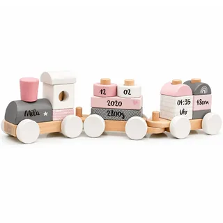 Personalisierte Holzeisenbahn rosa – Personalisierte Geschenke Baby | Steckspielzeug | Geschenk zur Geburt Mädchen | Holzzug mit Name & Geburtsdaten – Label Label