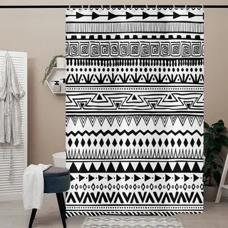 Hnmdmyi Duschvorhang Boho 240x180, Schwarz und Weiß Duschvorhänge Bauernhaus Geometrisch Tribal Bohemain Badewanne Vorhang Wasserdicht Polyester Stoff Waschbar Badevorhang für Badezimmer mit Haken