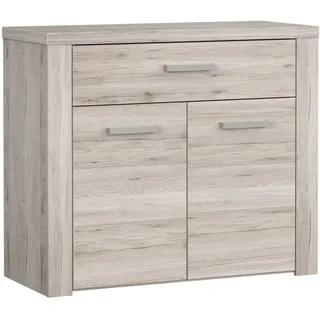 Newroom Sideboard Sandeiche Kommode mit Türen Wohnzimmer Flur | Griffleiste Metalloptik, Schublade oben und Doppeltür-Fach mit Einlegeboden, Anrichte schmal, Highboard, für Esszimmer