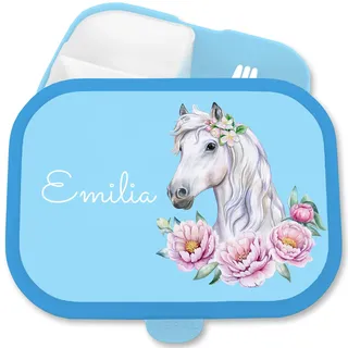 Shirtracer Mepal Brotdose Kinder personalisiert Pferdekopf Blumen Name | Blau, 750 ml, mit Fächern, Schule, Campus, spülmaschinenfest, Vesperbox, Snackbox, Jausenbox, Kindergarten, Einschulung