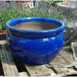 terracotta-toepfe-de NEU ! Winterfeste kleine Pflanzschale/Blumentopf ca. 20 cm Durchmesser, blau glasiert Steingut Garten Deko Blumenkübel Pflanztopf