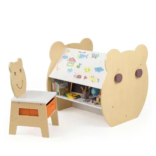 FANTASK 3 in 1 Kindertisch mit Stühle, Kinder Schreibtisch mit Stauraum & Haken, Kindersitzgruppe mit wendbarer Kreidetafel & Whiteboard, Aktivitätstisch für Kinder ab 3 Jahren (Natur)
