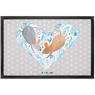 Fußmatte 60 x 90 cm Mäuse Herz - Grau Pastell - Geschenk, verliebt, Gemeinsamk, Mr. & Mrs. Panda, Höhe: 0.3 mm, Gummirand und Design grau
