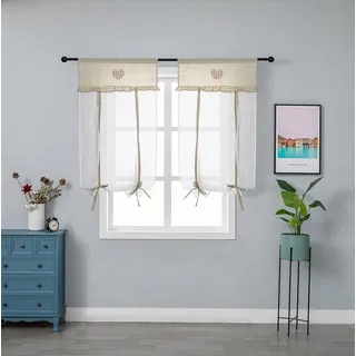 GIRASOLE HOME Paar weiße Vorhänge aus Leinen-Baumwolle-Polyester mit Stickerei Herz, beige, Shabby Chic, 2 Paneele mit Tasche (Beige, 60 x 150 cm)