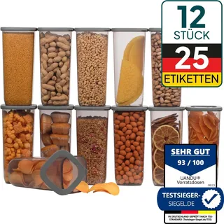 uandu Vorratsdosen mit Deckel Luftdicht Set, BPA frei, Aufbewahrungsbox Küchenorganizer, Vorratsbehälter Mehl Aufbewahrung Küche - 12x1750ml-Grau | Grau