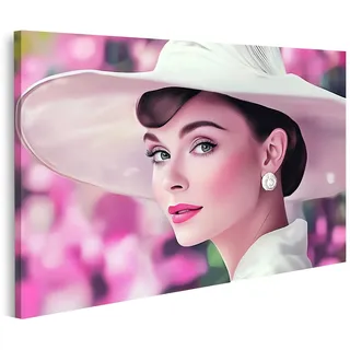 islandburner Bild auf Leinwand Audrey Hepburn Elegante Dame mit Hut und Blumenhintergrund Bilder Wandbilder Poster
