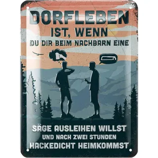 LANOLU Retro Blechschild DORFLEBEN- lustige Schilder mit Sprüchen, Shabby Chic Deko - Geschenk im Farmhouse Deko, vintage Metallschild mit Sprüchen 15x20cm