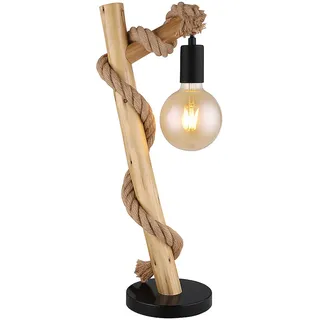LED Tischlampe Holzleuchte Beistelllampe schwarz Hanfseil Landhaus Nachttischleuchte Rustikal Leselampe, Metall, 4W 320lm warmweiß, LxBxH 19x16,5x53,5 cm