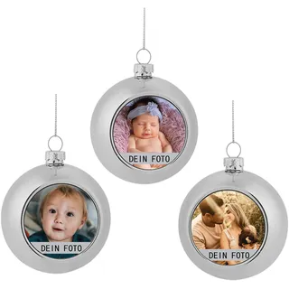 MilyaDE 3 Stück Weihnachtskugeln mit eigenem Bild, Kunststoff innen Glitzer Lametta 6cm, Christbaumkugeln Personalisierte selbst gestalten, Silber