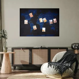XL Weltkarte als Pinnwand | Reiseziele und Urlaub pinnen | Landkarte auf samtigem Polyestergewebe in Dunkel-Blau | DIN A1 84 x 59 cm, inkl. 50 Pins