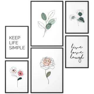 Papierschmiede® Mood Poster Set Little Green, Fertiges Bilder Set mit Rahmen (Holz, schwarz), Wohnzimmer Deko Schlafzimmer, 2x DIN A4 und 4x DIN A5, Pflanzen Blumen Grün Zeichnung