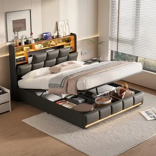 Polsterbett Doppelbett 140x190 cm, Hydraulisches Bett 140x190 mit Bettkasten und Lattenrost, Staufach-Kopfteil mit LED und USB-Ladestation, Boxspringbett Stauraumbett Jugendbett, PU