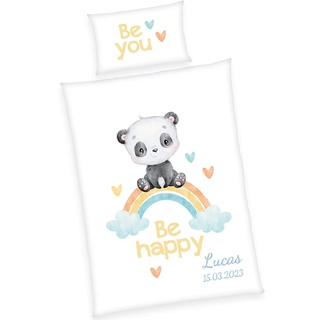 Wolimbo Bettwäsche - Regenbogen Panda Be Happy - personalisierbar - 100 x 135 cm - Babybettwäsche - Kinderbettwäsche - 100% Baumwolle - Weich