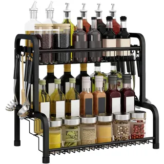 YRHome 4 Entagen Gewürzregal Metall Stehend aus Edelstahl Küche Gewürzhalter Gewürzaufbewahrung Küchenregal Gewürz Organizer für Gewürzflaschen Gläser Ölflaschen Vorratskammer mit 8 Abnehmbarem Haken