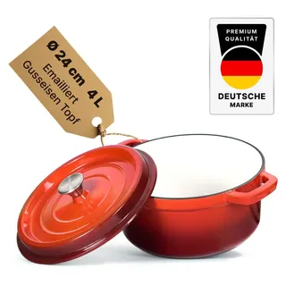 Emaillierter Gusseisen Topf mit Deckel Ø24 cm 4L - Bräter Dutch Oven für alle Herdarten inkl. Induktion Backofen gleichmäßige Hitzeverteilung ...