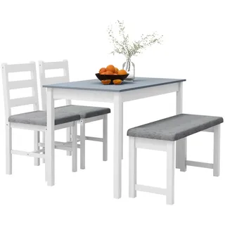 Homcom Essgruppe, Esstisch mit 2 Gepolsterten Stühlen, Bank, 4-Teiliges Esstisch-Set, Esszimmergruppe mit Leinenoptik für Küche, Wohnzimmer, Kiefernholz, Grau, Weiß