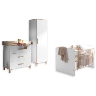 PRIZZI Babyzimmer Komplett-Set in Weiß / Aurum Optik - Babyzimmer Möbel-Set 3-teilig bestehend aus Kleiderschrank, Babybett & Wickelkommode