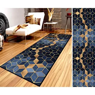 Ufamiluk Küchenteppich Modern Waschbare rutschfest Polyester Verblassen Nicht Flurläufer Küchenläufer für Wohnzimmer Flur Büro Schlafzimmer Küche 70x180cm Beige Blau Schwarz ColorC