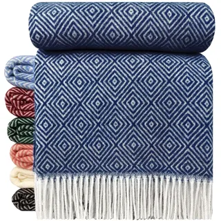 STTS International Wolldecke 100% Schurwolle Wohndecke 140 x 200 cm Tagesdecke Schurwolldecke Woll-Plaid Tirol in vielen Farben erhältlich (Blau (D-V))