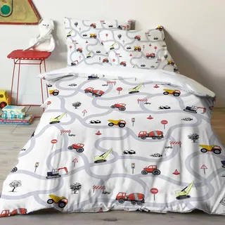 Yasida Autos KinderbettwäSche 135x200 Jungen Traktor Mikrofaser BettwäSche Mit Verkehrsschildern Und StraßEn FüR Jungen Teenager Bagger BettwäSche 135x200cm Mit ReißVerschluss+1Kopfkissenbezug 80x80cm