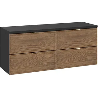 Lomadox Badezimmer Doppel-Waschtischunterschrank 120 cm breit in Eiche und schwarz, hängend mit 4 Schubladen