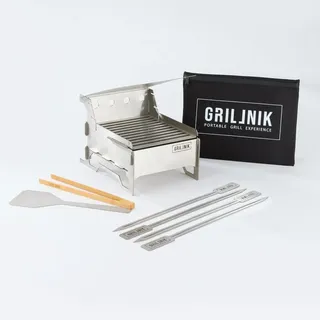 GRILLNIK Holzkohlegrill | Kompakter Premium Edelstahlgrill Größe S–Tragbarer Holzkohlegrill | 25cm x 20cm - Silber
