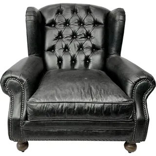Casa Padrino Luxus Chesterfield Leder Ohrensessel Vintage Schwarz / Dunkelbraun