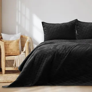 RESTILO Tagesdecke 170x210 cm Schwarz Bettüberwürf zweiseitig Steppung Velvet Samt Laila