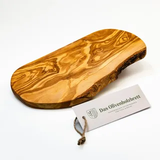 DAS OLIVENHOLZBRETT® Schneidebrett aus Olivenholz/Antipastibrett/Vesperbrett/Servierbrett/Chacaturieboard/Brotzeitbrett aus Olivenholz/Olivenholzbrett mit naturbelassenem Rand, 35cm