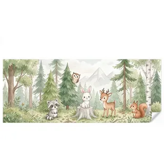 OnlyWow Fototapete Kinderzimmer - Wald - Tiere - Grün, Matt, bedruckt, Wohnzimmer, Vinyl Tapete 500x200cm grün 5 m x 2 m