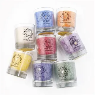 yogabox Stumpenkerze 8 Chakra Palmwachs im Glas Set Chakren bunt (1-tlg), Brenndauer:1800 Min bunt Ø 2.5 cm x 2.5 cm x 6 cm x 2.5 cm