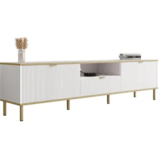 Mirjan24 TV-Lowboard Werkoz 2K1S mit 2 Klappen/Türen, Schublade und offenem Fach, Fernsehschrank mit goldenen Details, Unterschrank, Fernsehtisch (Weiß + Gold)