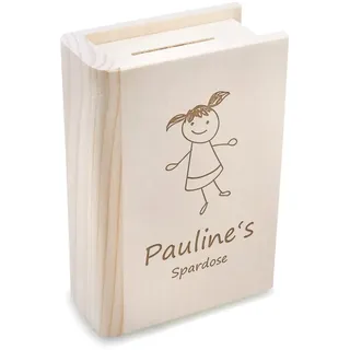 Sparbuch mit Wunschgravur - aus Echtholz - mit Schloss und Schlüssel - nachhaltig wiederverwendbar - Sparschwein für sparen - Geburtstagsgeschenk für Kinder - Weihnachten - Motiv Mädchen