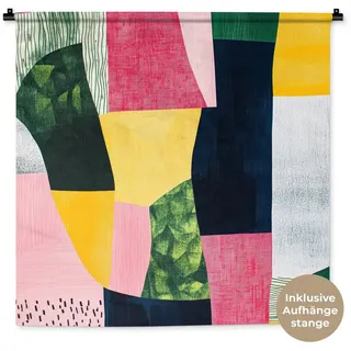 MuchoWow Wandteppich Abstrakt - Rosa - Formen - Gelb, Quadratisch, Höhe: 3 mm, Wandtuch für Wohnzimmer, Schlafzimmer, 90x90 cm gelb|rot Quadratisch | 90 cm x 90 cm x 3 mm