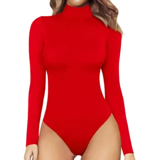 WSZJLN Damen Body Langarm Body Streetwear Sexy Bodycon Rollkragen Bodysuit Overalls Tops Mode Herbst Skinny Anzüge Strampler - Rot, XXL