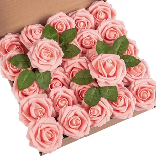 25 Stück Künstliche Blumen Rosen Deko Kunstblumen, Deko Blumen Fake Rosen mit Stielen DIY Brautjungfer Brautsträuße, Valentinstag, Muttertag, Hochzeitsfeier, Babyparty, Zuhause Dekoratio (Pfirsich)