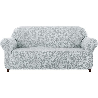 subrtex Damast Sofabezug Stretch Sofahusse Couchbezug Sesselbezug Elastischer Blumenmuster rutschfest Stretchhusse Weich Stoff(2 Sitzer,Hellgrau Muster)