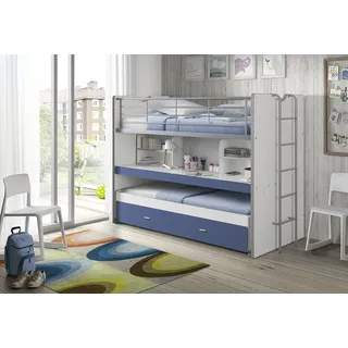 Hochbett VIPACK "Bonny, mit 3 Schlafgelegenheiten, super praktisch im Kinderzimmer", blau (weiß, blau), B:102cm H:161cm L:222cm, Hochbetten, Hochbett, mit großer Schreibplatte, Regalfächern, viel Funktion auf kleinem Raum