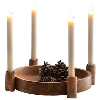 Dekoleidenschaft Tablett Kerzenhalter aus Mango-Holz für 4 Kerzen, Kerzentablett, Dekotablett, DIY Adventskranz zum selber gestalten, Weihnachtskranz, Tischdeko, rundes Serviertablett
