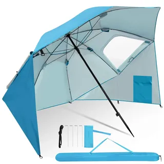 Herrselsam Sonnenschirm Strandmuschel | Robuster 2IN1 Schirm für Strand Garten | Sonnencreme Wasserdichter UV-Schutz | faltbar multifunktional | Himmelblau