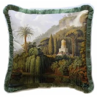Casa Padrino Luxus Deko Kissen Landschaft Mehrfarbig / Grün 45 x 45 cm - Bedrucktes Samt Kissen mit Fransen - Luxus Deko Accessoires
