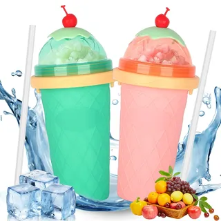 CIOXSOIO 2er Set DIY Slush Becher, Silikon Squeeze Cup mit 2-in-1 Strohhalm und Löffel, Slush Eis Becher zum Kneten Smoothie Pinch Ice Cup, DIY Slushy Maker Cups